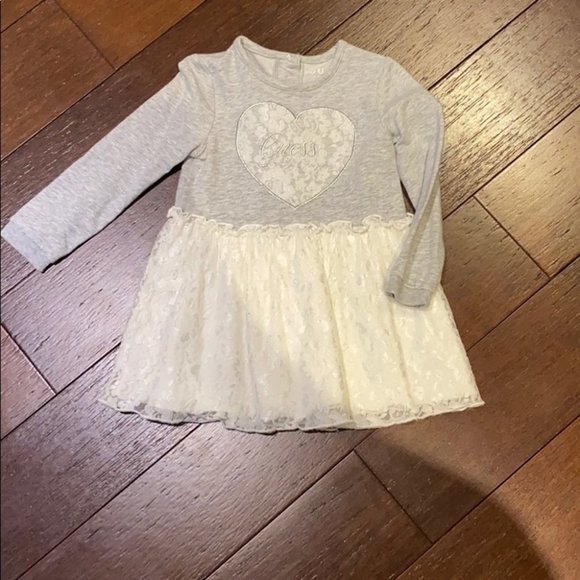Guess Kids Girl Gray Heart Long Sleeve Top White Lace Bottom Dress Size 24M - Picture 1 of 4